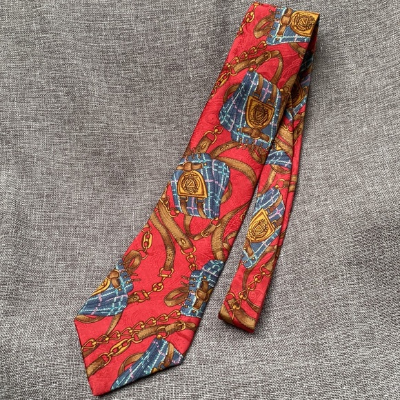 Equestrian Snaffle Bit Saddlebag Rein Red Tie 57 x 4” 100% Silk Italy - Picture 4 of 7